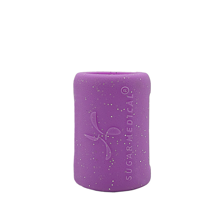 Back side view of purple glitter insulin vial silicone protective sleeve with sugar medical logo.