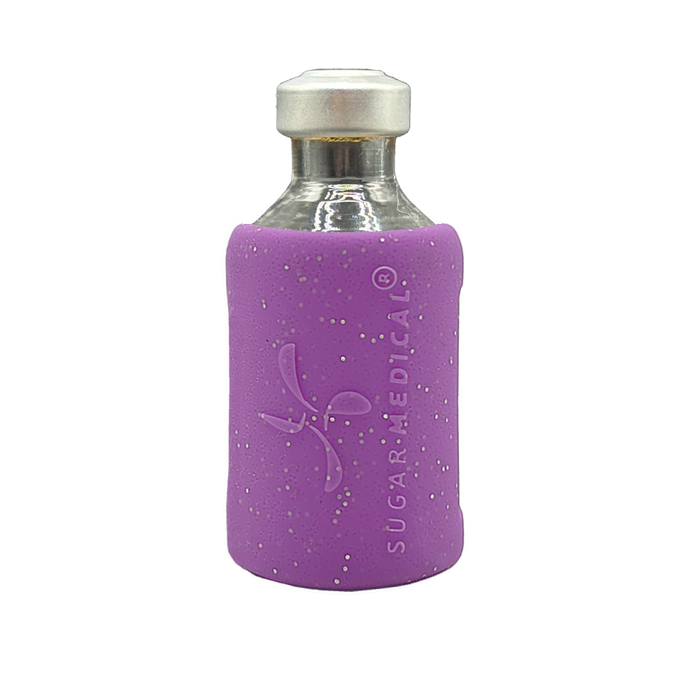 Back side of vial with purple glitter silicone insulin vial protective sleeve with Sugar Medical Logo.