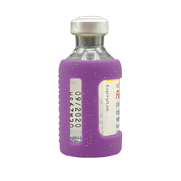 Side view of purple glitter insulin vial silicone protective sleeve with expiration date window. 