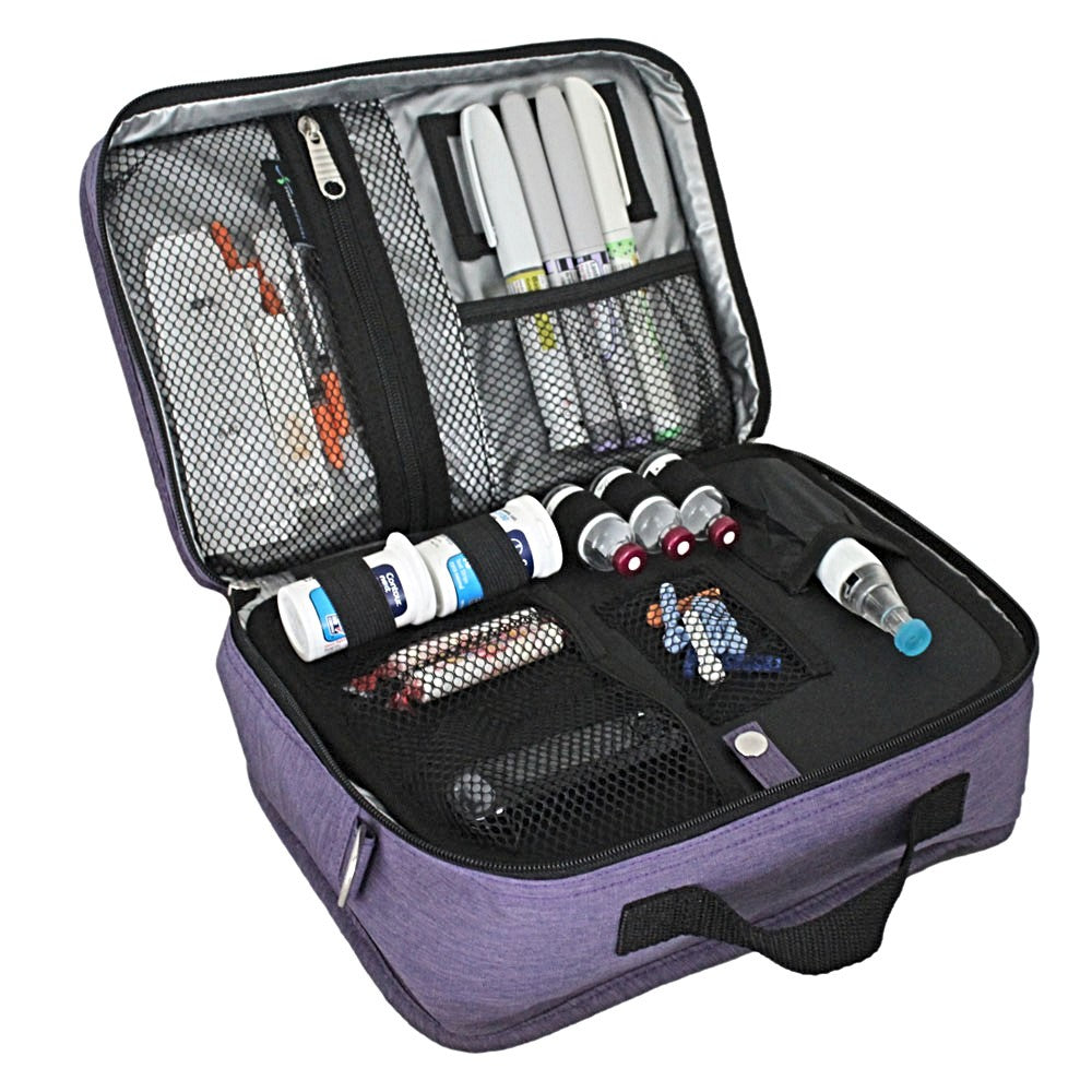 Diabetes Insulated Travel Bag in purple front section has pockets for glucose meter and lancing device and loops for insulin vials and pocket for insulin pens. 