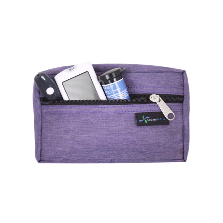 Purple removable supply pouch that fits glucose meter, test strip and lancet. 