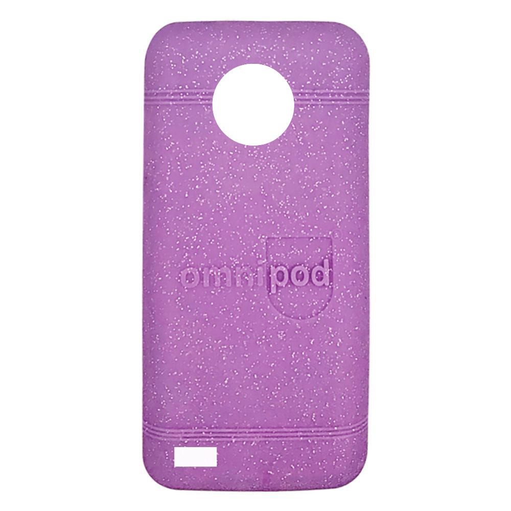 Back of a purple glitter Omnipod® 5 Case with Omnipod logo on it. 