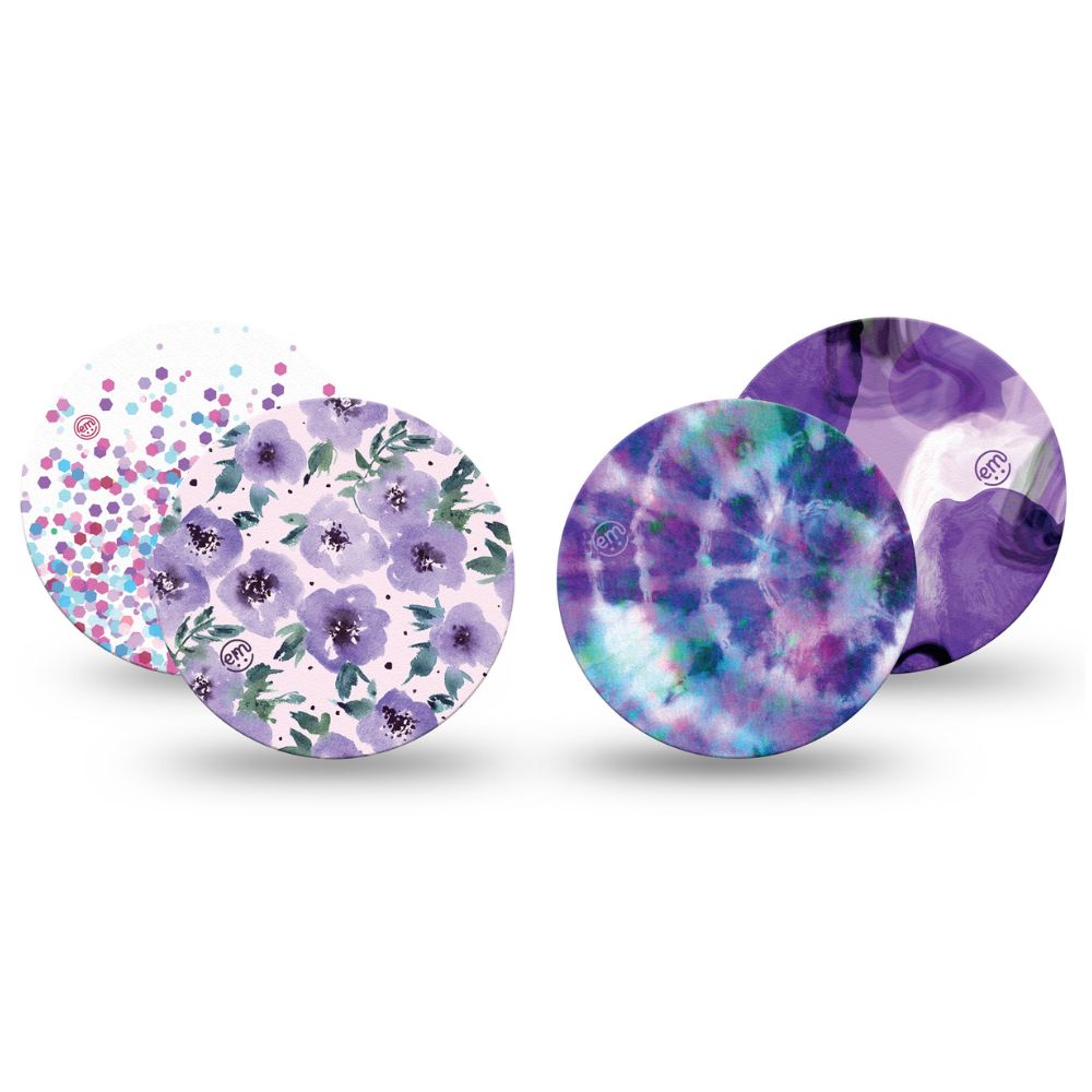 One of each of Expression Med Libre patch designs including Flowering Amethyst, Confetti, Purple Storm and Purple Tie Dye.
