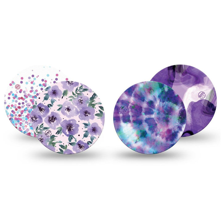 One of each of Expression Med Libre patch designs including Flowering Amethyst, Confetti, Purple Storm and Purple Tie Dye.