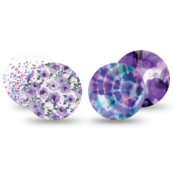 One of each of Expression Med Libre patch designs including Flowering Amethyst, Confetti, Purple Storm and Purple Tie Dye.