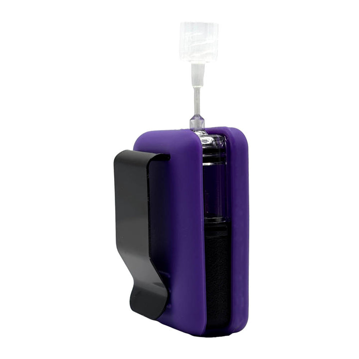 Purple Mobi Clip standing straight up showing metal clip on back. 