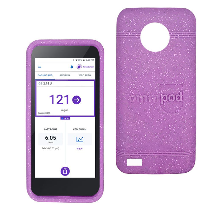Front and back views of Omnipod gel skin case in purple glitter, showing protective cover with soft silicone texture.
