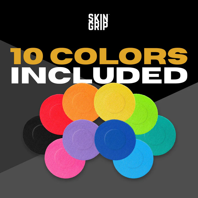 All colors from the Rainbow Pack of Skin Grip full coverage patches for Dexcom G7 displayed in a fan layout—showcasing the vibrant variety including red, orange, yellow, green, blue, and purple, each designed to securely cover the sensor with style.