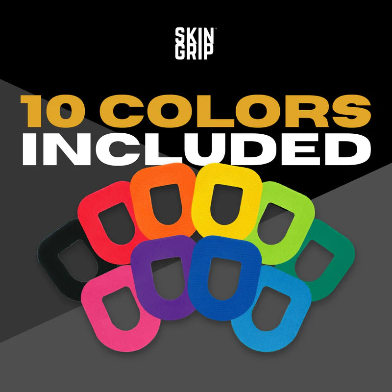 Skin Grip Omnipod patches in all the colors of the rainbow—red, orange, yellow, green, blue, indigo, and violet—displayed on a black background, showcasing their vibrant colors and oval shape designed to secure insulin pods