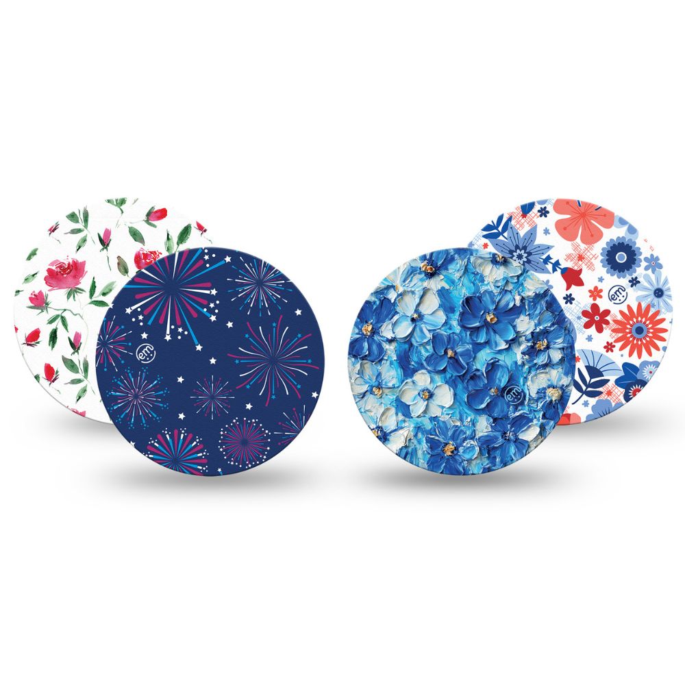 Expression Med’s Full Coverage OverPatch style July Flowers, Rose Garden, Blue Paint, and Night Sky Celebration.