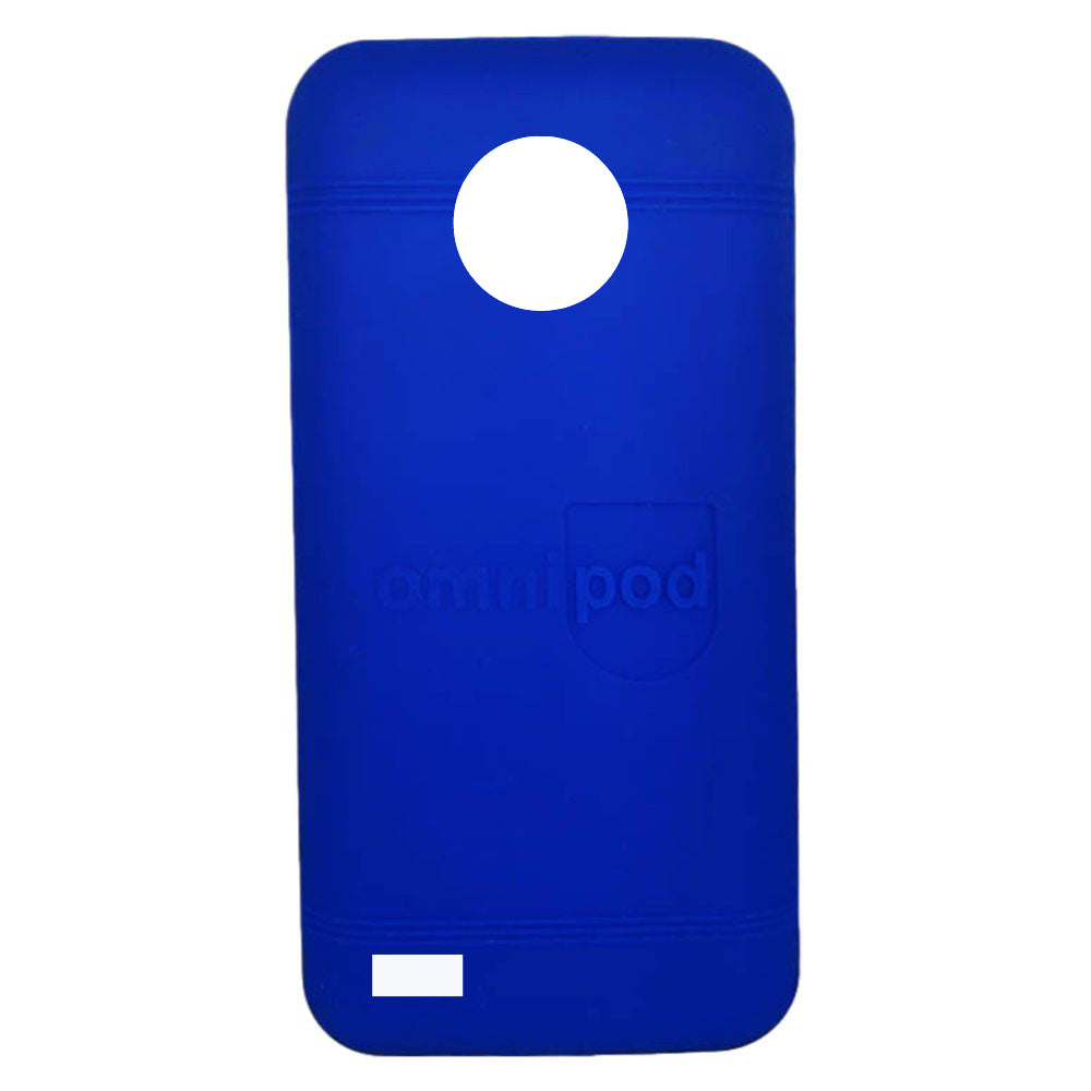 Back of a blue Omnipod® 5 Case with Omnipod logo on it. 