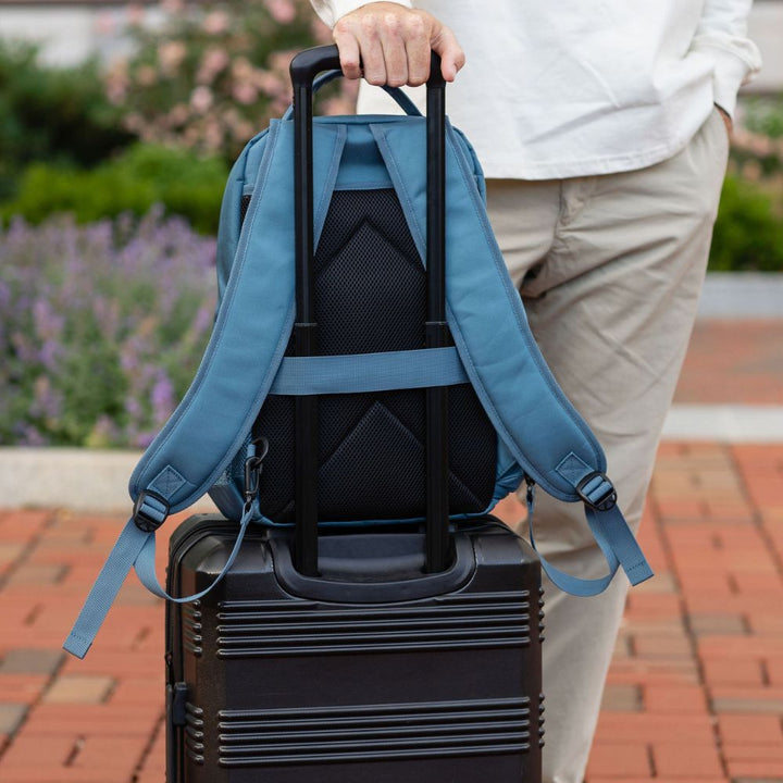 Man holding a Steel Blue backpack and suitcase on steps outdoors