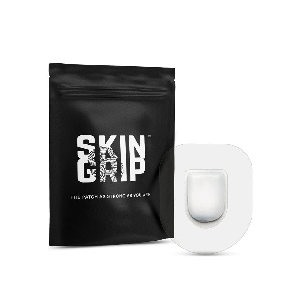 A black package that says Skin Grip containing the 20 adhesive patches and the clear Omnipod adhesive patch around a white pod