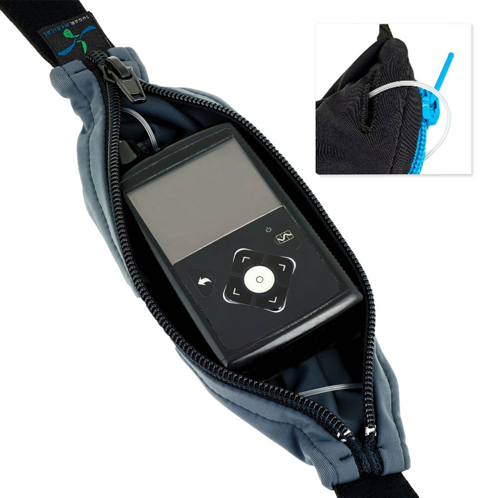 Unzipped Spibelt with Medtronic Insulin Pump inside and tubing coming out of the slot.