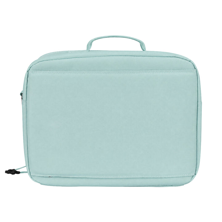 seafoam travel bag with a handle and luggage strap on a white background 