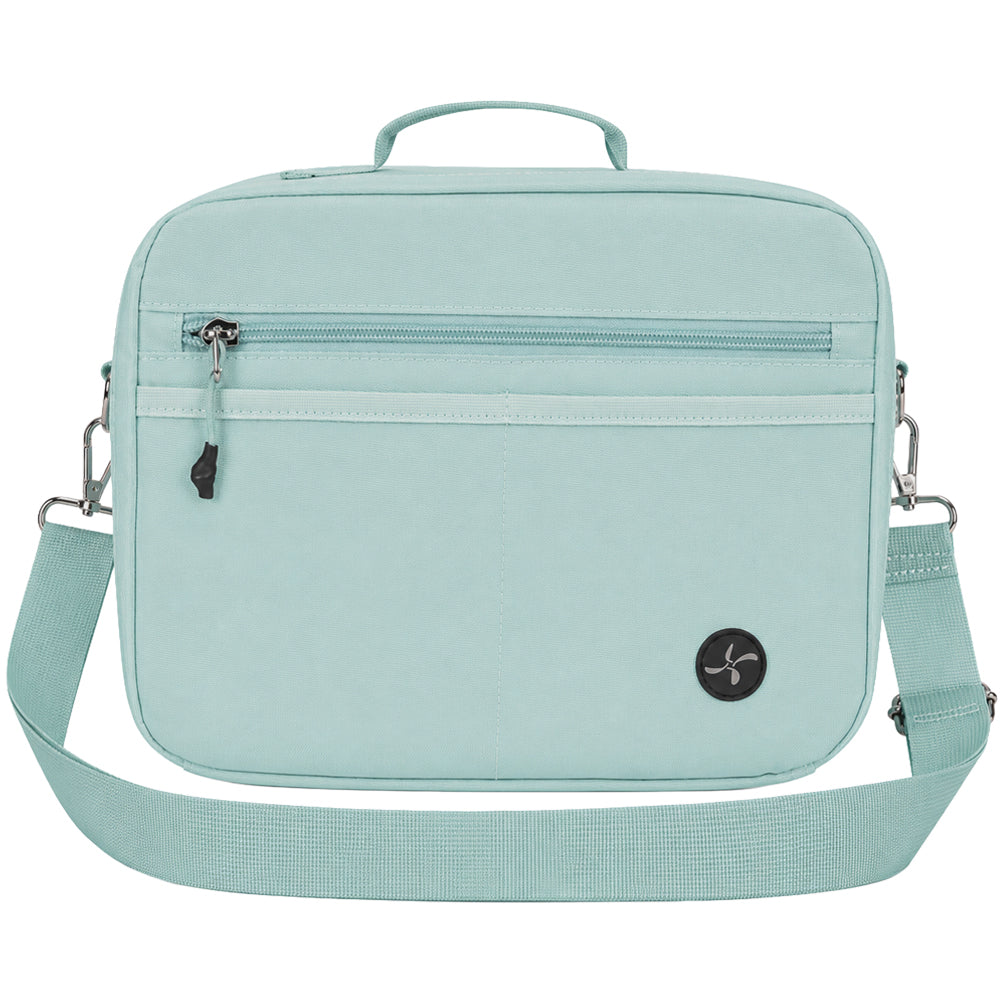 Front view of a seafoam diabetes travel bag with a shoulder strap, zippered compartments, and a compact, durable design.