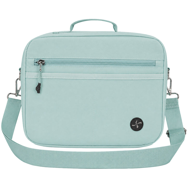 Front view of a seafoam diabetes travel bag with a shoulder strap, zippered compartments, and a compact, durable design.