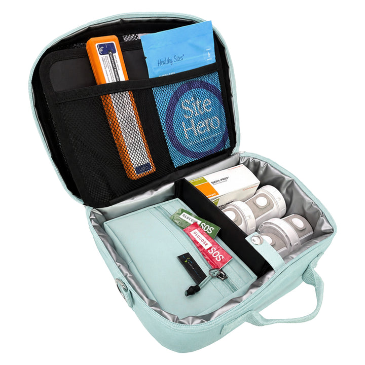 Diabetes Insulated Travel Bag in seafoam compartment for a glucagon kit, dexcom g7 supplies, snacks, glucose tablets, and includes a removable pouch.