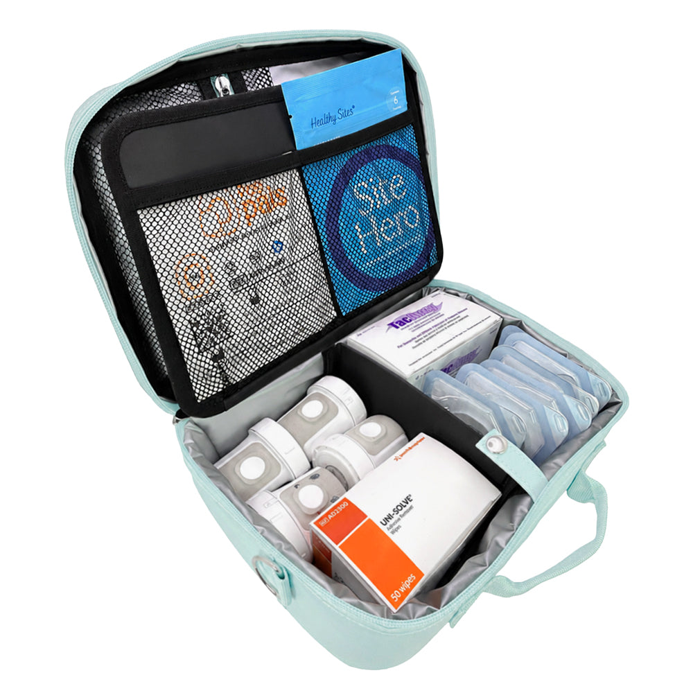Diabetes Insulated Travel Bag in seafoam back compartment for site hero, Omnipod supplies, Dexcom, tac a way, podpals, and extra pods.