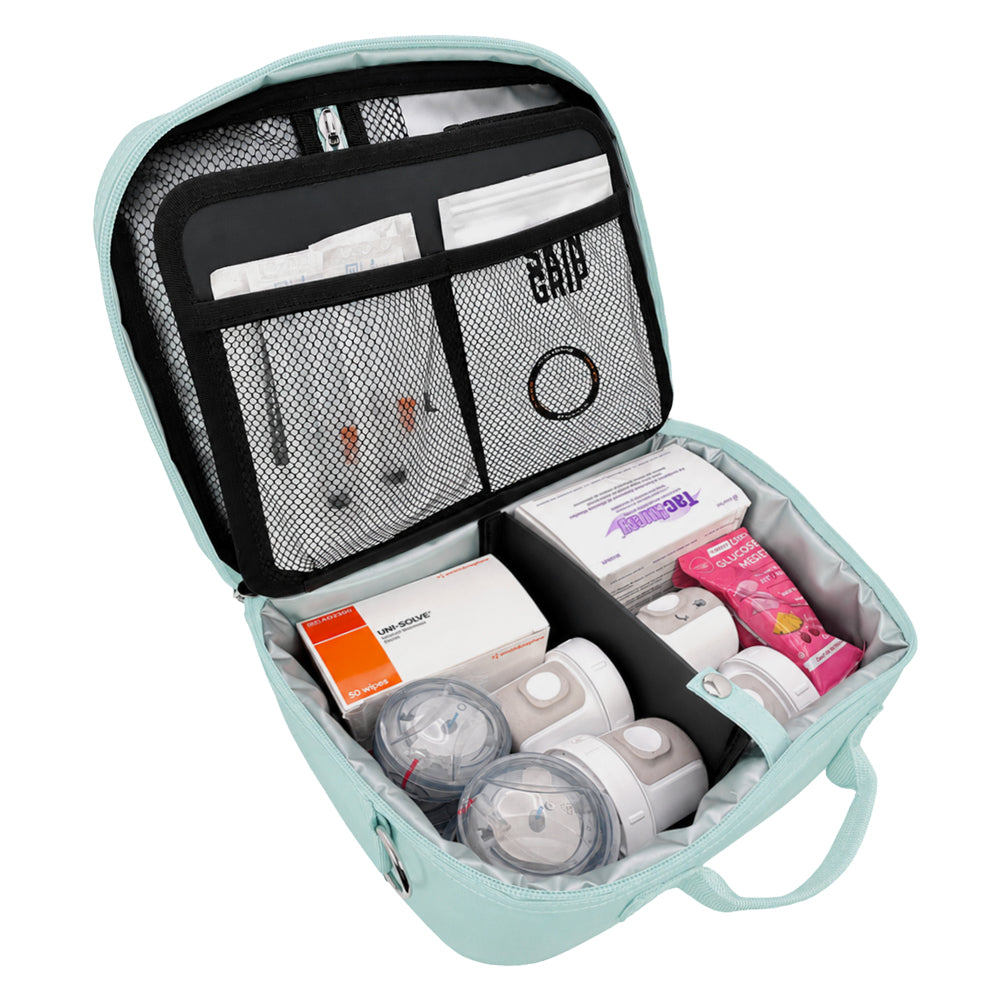 Diabetes Insulated Travel Bag in seafoam compartment for skin grip, tandem supplies, Dexcom g7 supplies, snacks, glucose melts and wipes.