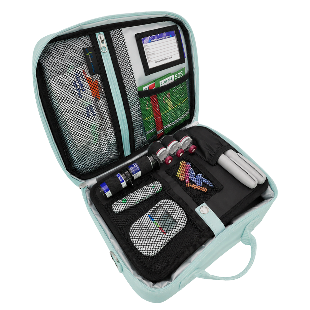 Diabetes Insulated Travel Bag in seafoam front section has pockets for glucose meter and lancing device and loops for insulin vials and pocket for insulin pens.