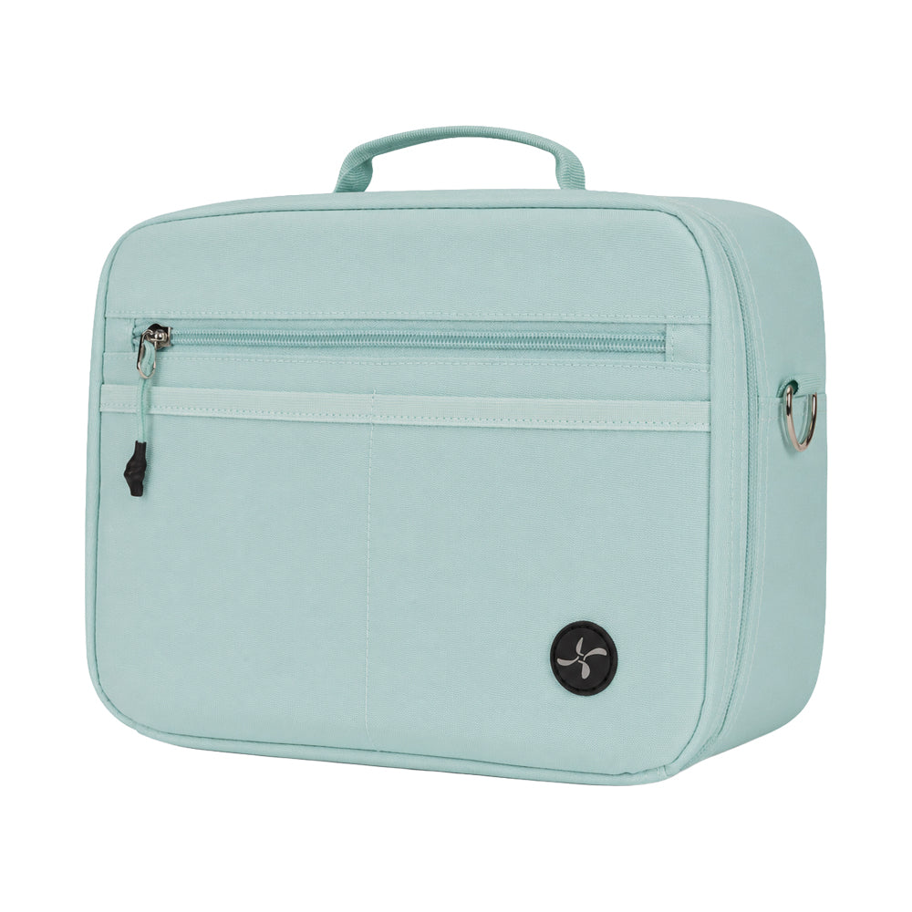Side of the seafoam insulated diabetes travel bag showing the seafoam zipper and matching seafoam handle. 