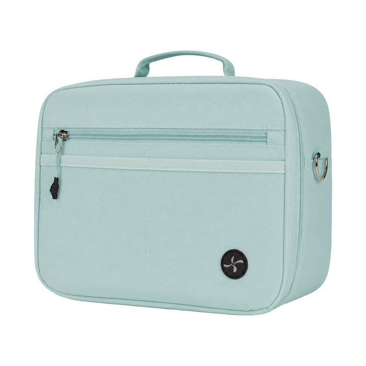 Side of the seafoam insulated diabetes travel bag showing the seafoam zipper and matching seafoam handle. 