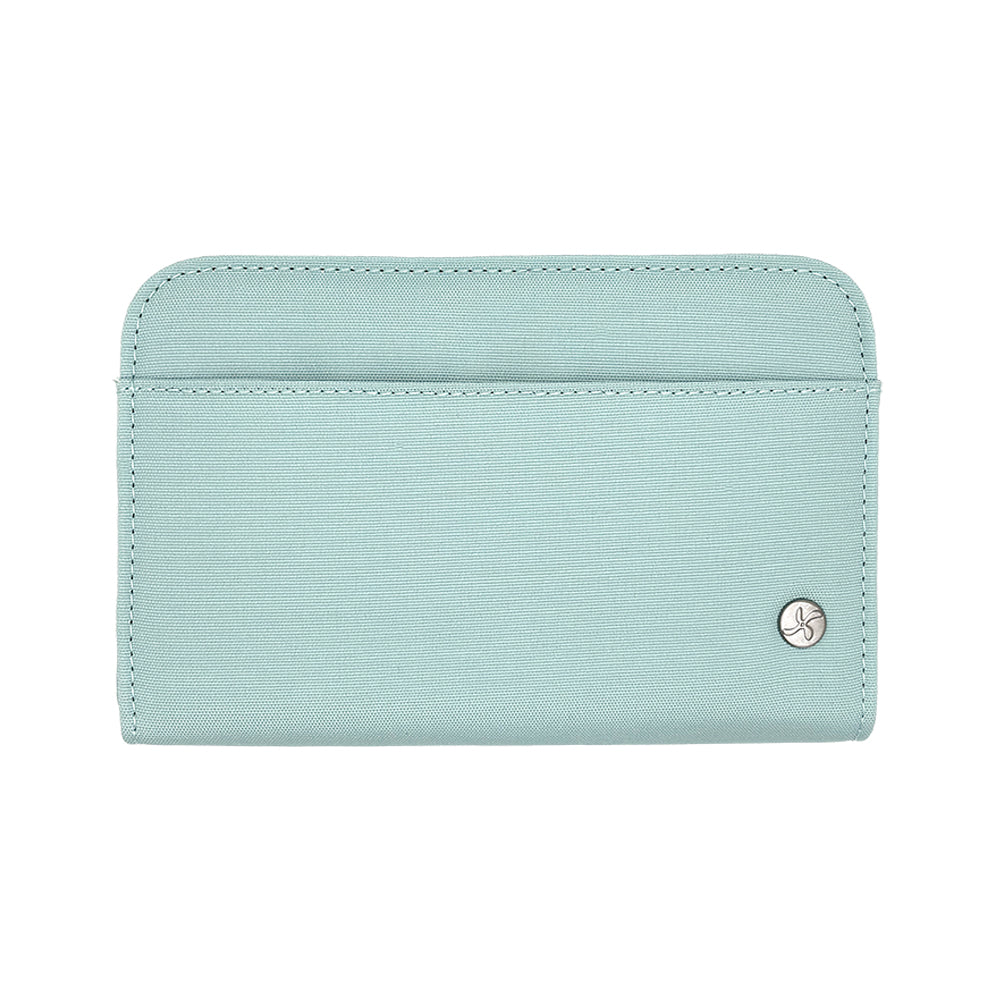 A light mint green nylon diabetes supply case with a small silver circular logo on the bottom right, shown against a plain white background.