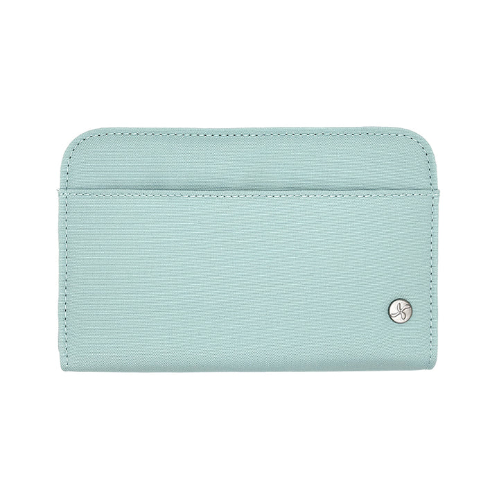 A light mint green nylon diabetes supply case with a small silver circular logo on the bottom right, shown against a plain white background.