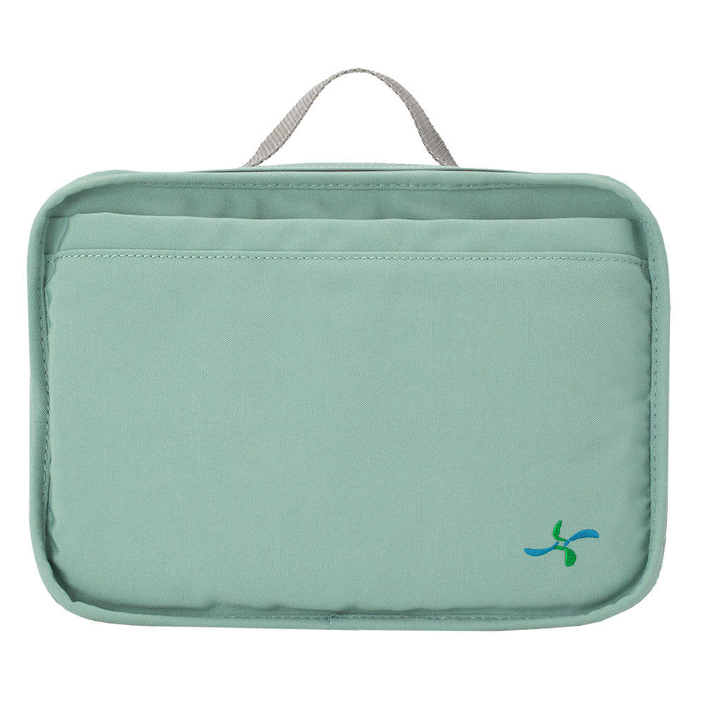 Front view of Sugar Medical Insulated Diabetes Travel Bag in Seafoam – compact, rectangular bag with a smooth, zippered front pocket and subtle logo branding, shown in a soft, pastel green color.
