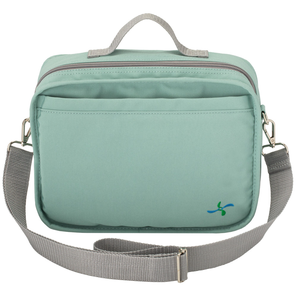Front view of a seafoam diabetes travel bag with a gray shoulder strap, zippered compartments, and a compact, durable design.