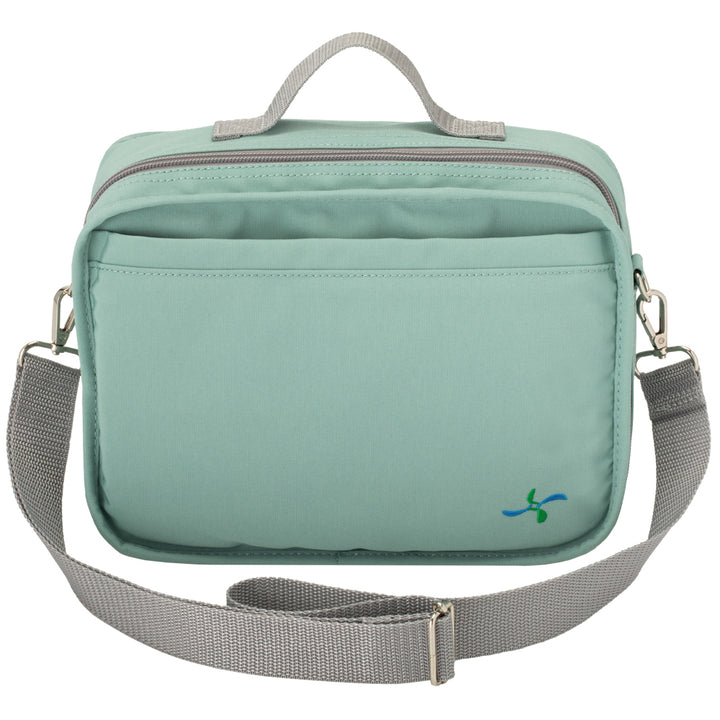 Front view of a seafoam diabetes travel bag with a gray shoulder strap, zippered compartments, and a compact, durable design.