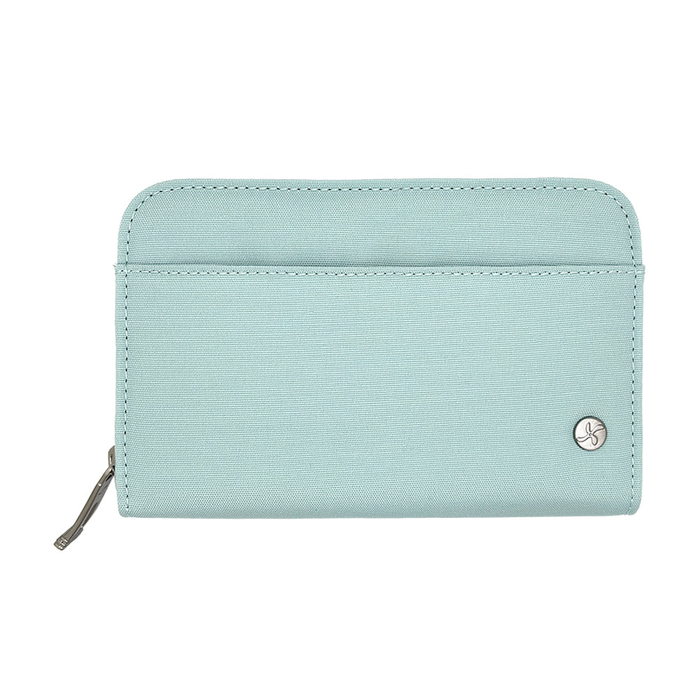 A light mint green diabetes supply case with a small silver circular logo on the bottom right, shown on a plain white background.
