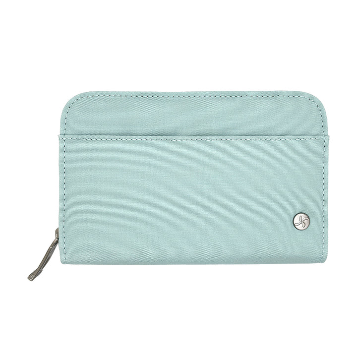 A light mint green diabetes supply case with a small silver circular logo on the bottom right, shown on a plain white background.