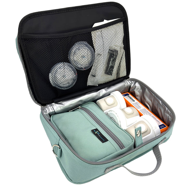 Diabetes Insulated Travel Bag in seafoam back compartment for a glucagon kit, Tandem supplies, Dexcom, snacks, glucose tablets, and includes a removable pouch.