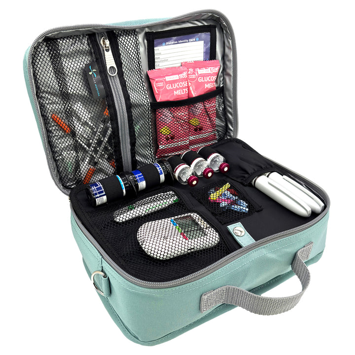 Diabetes Insulated Travel Bag in seafoam front section has pockets for glucose meter and lancing device and loops for insulin vials and pocket for insulin pens. 