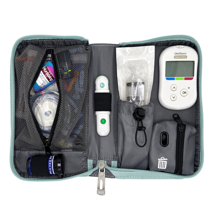 An open gray and black diabetes management kit organizer bag, showing its interior compartments filled with a blood glucose meter, test strips, a lancet, a small bottle, and other medical supplies on a white background.