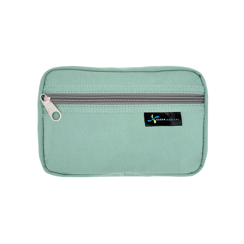 Light green pouch with a zipper and a brand label on a white background