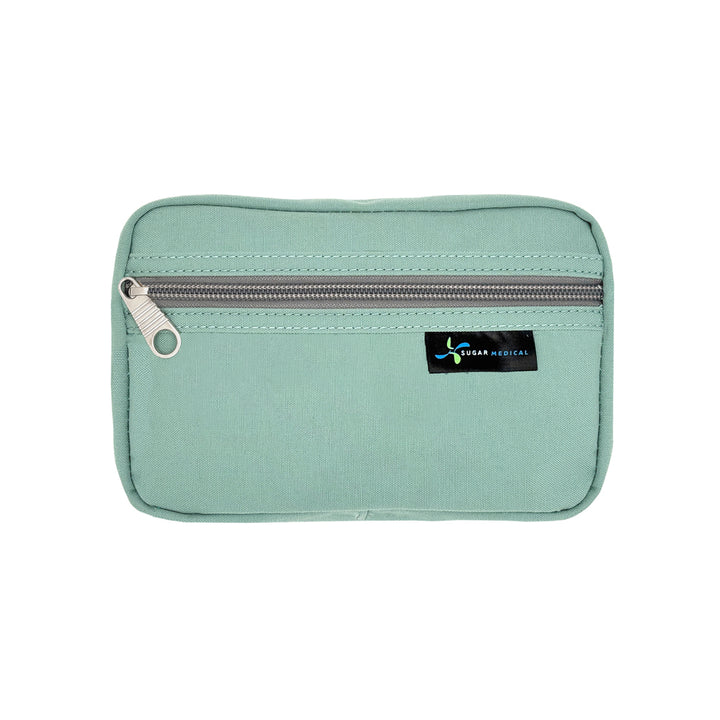 Light green pouch with a zipper and a brand label on a white background