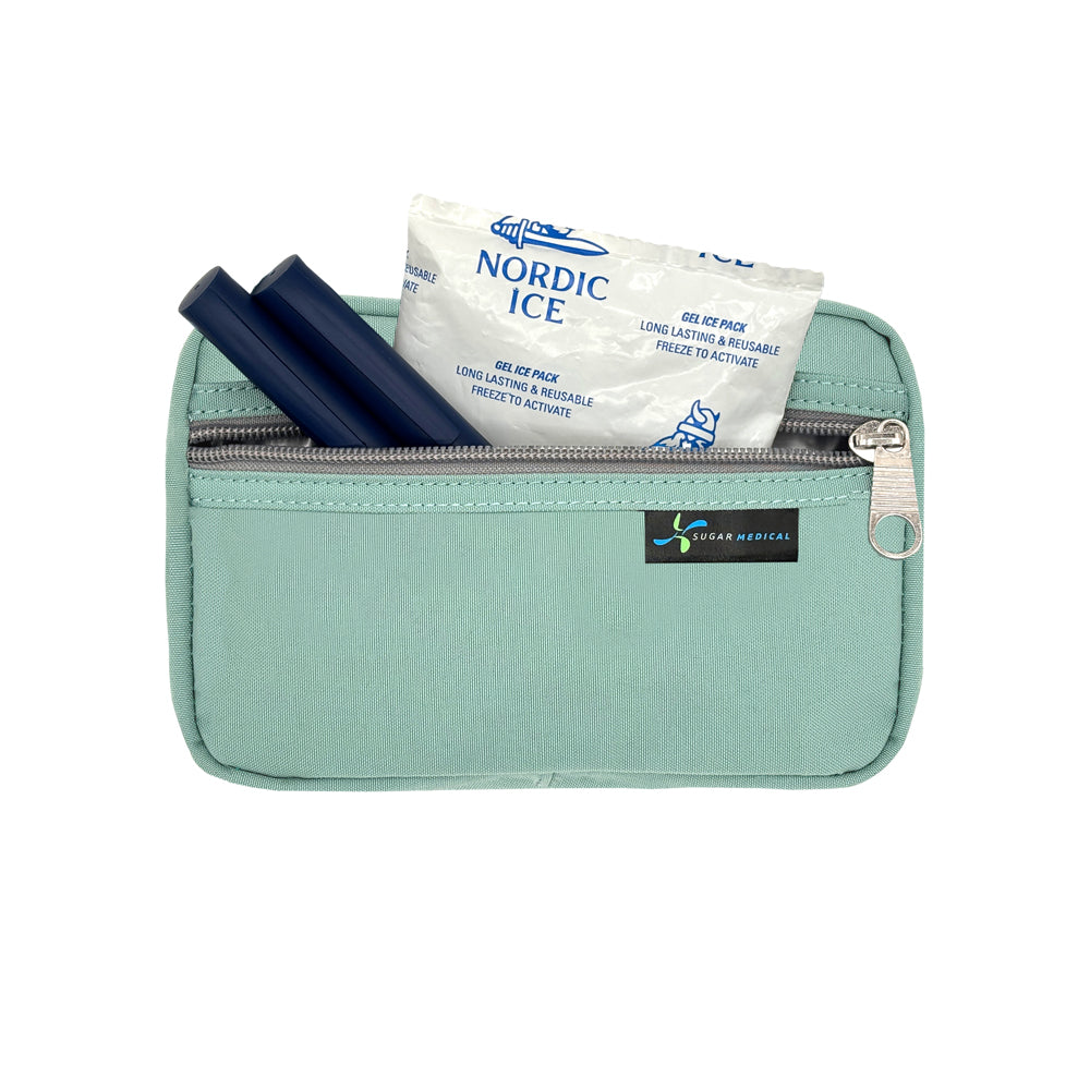 Diabetes Insulated Travel Bag in seafoam removable supply pouch zippered with ice pack and insulin pens. 
