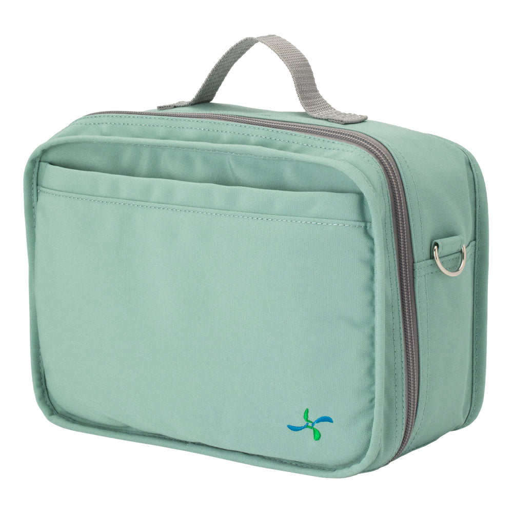 Side of the Seafoam green insulated diabetes travel bag showing the grey zipper and matching grey handle. 