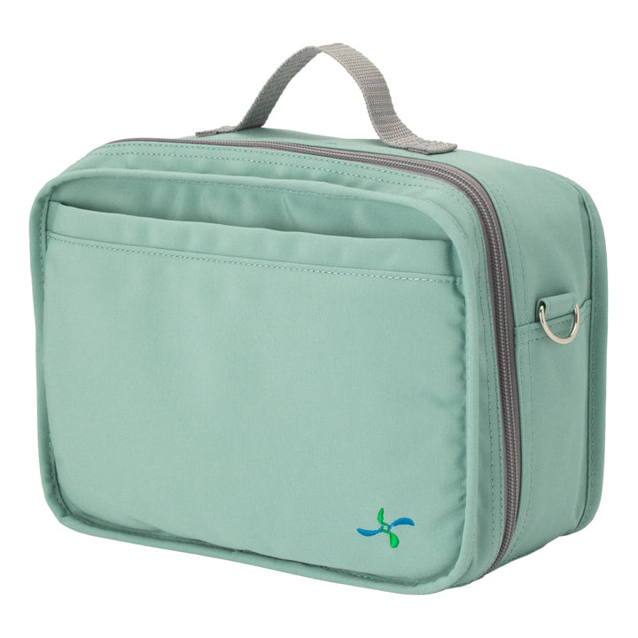 Side of the Seafoam green insulated diabetes travel bag showing the grey zipper and matching grey handle. 