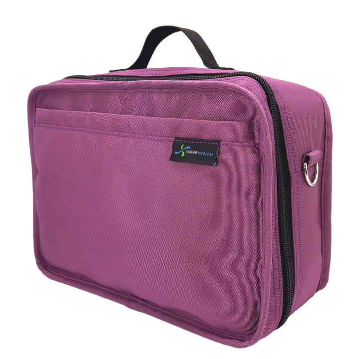 Side of the orchid insulated diabetes travel bag showing the grey zipper and matching grey handle. 