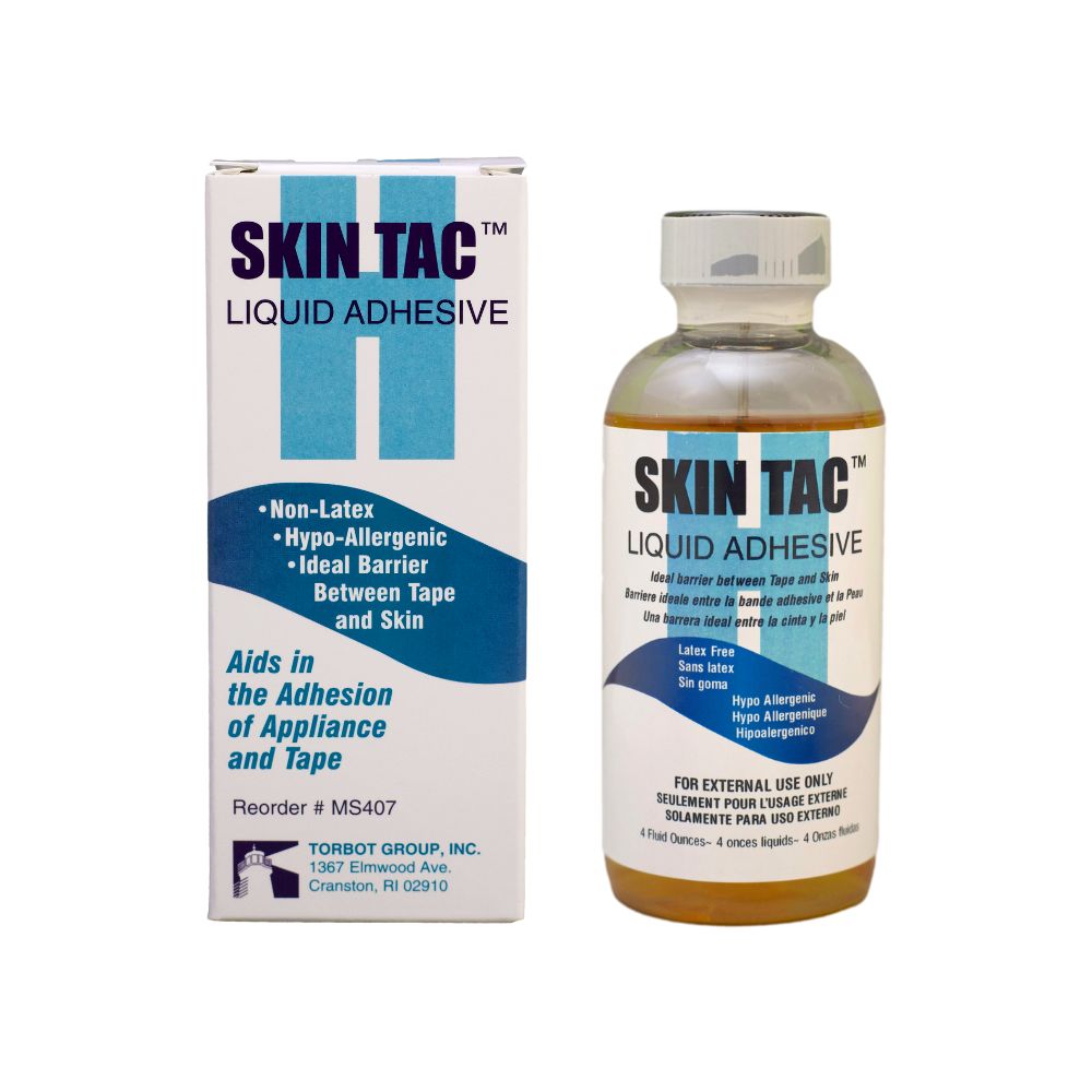 Skin Tac liquid adhesive bottle and packaging on a white background