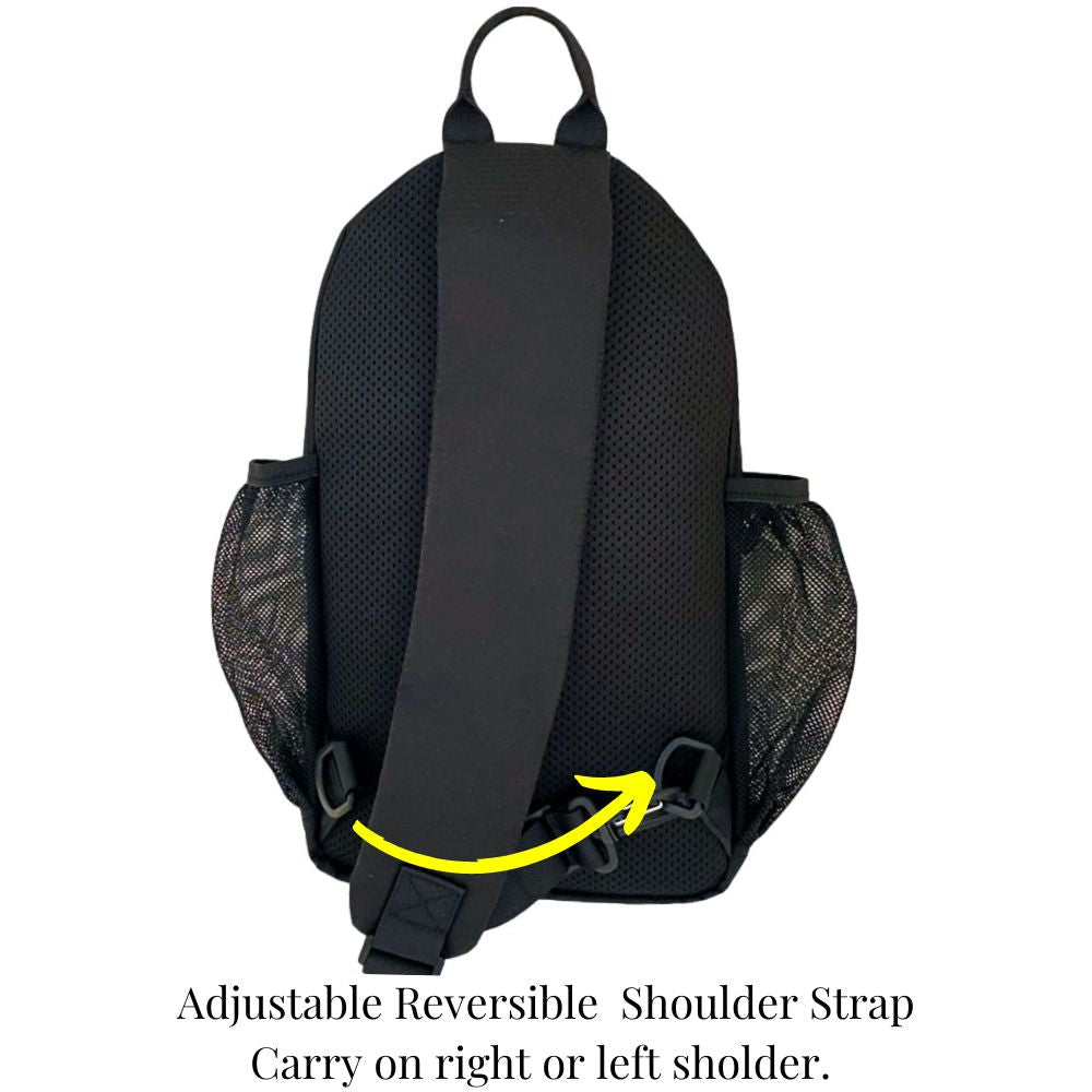 Diabetes Insulated Sling Backpack in black adjustable strap to worn on right or left shoulder. 