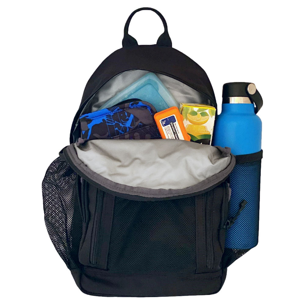Diabetes Insulated Sling Backpack in black back insulated compartment with Sugar Medical Omnipod supply case, glucagon, juice box, and ice pack. 