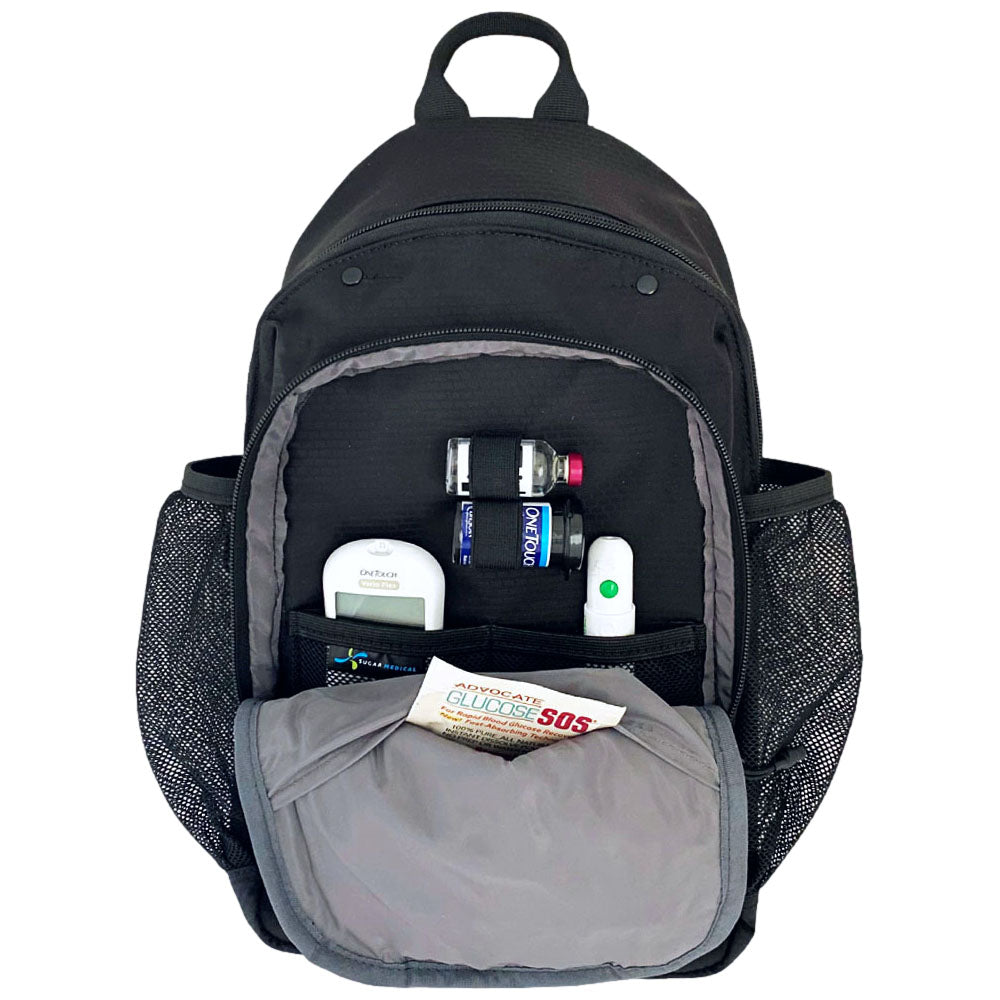 Diabetes Insulated Sling Backpack in black front compartment set up with glucose meter, test strips, insulin vial and lancet. 