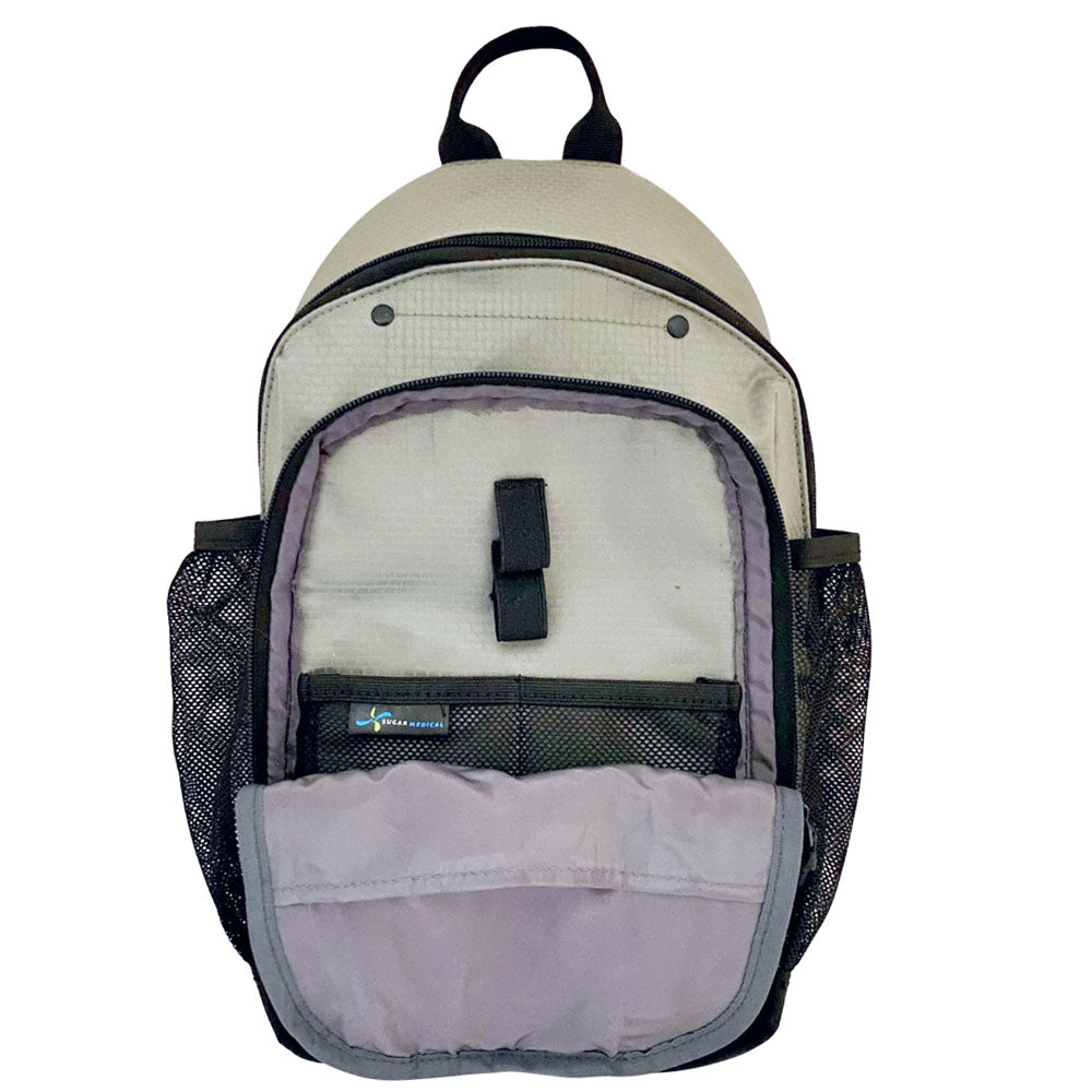 Medical Diabetes Insulated Sling Backpack in grey front compartment opened with pockets and loops for medical supplies. 