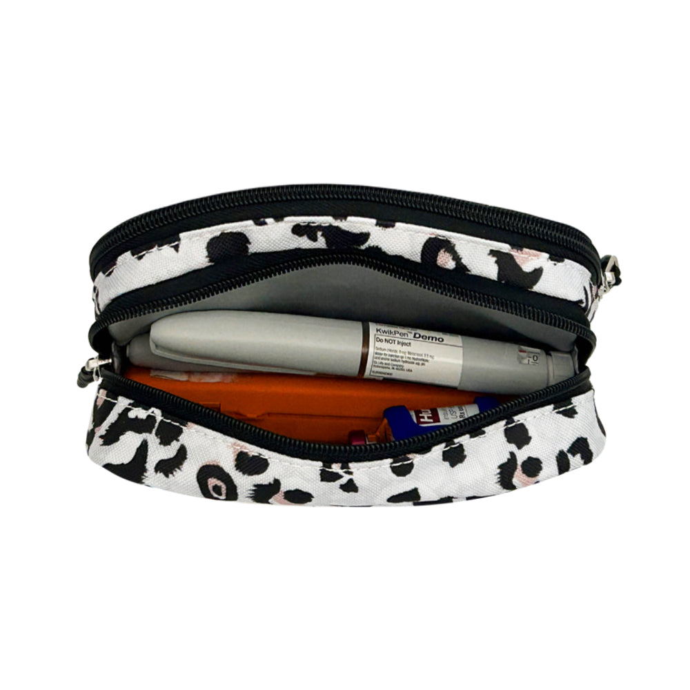 Diabetes Insulated Convertible Belt Bag in light grey leopard print back insulated compartment with ice pack, insulin pens, glucagon and insulin vial. 