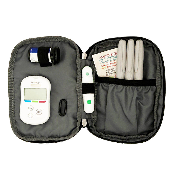 Diabetes Insulated Convertible Belt Bag in light grey leopard print inside set up with glucose meter, test strips, lancet and insulin pens. 